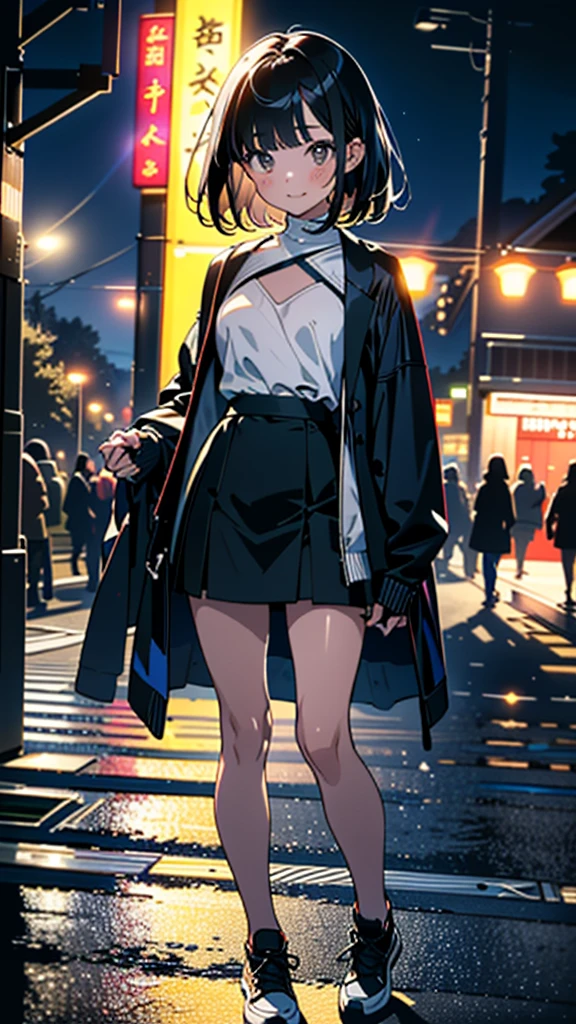 (8K, RAW Photos, 最high quality, masterpiece:1.2), high qualityのRAWカラー写真, Professional photo shoot, Cinematic Light, alone, (((young woman, Gal))), (Sharp features), (Small face), (Skin with attention to detail:1.2), clavicle, Cute face, Beautiful appearance, Long eyelashes,Girl Turning Around, smile, (Black Hair, Bobcut、 Tight bodycon、Very short skirt, Black sneakers,  Night Park, Confident attitude, Capture the happy moment, Artistic painting,Attractive thighs, (Very nice touch:1.2),はにかんだsmile), Peaceful atmosphere, Oil painting style, Bright colors, (Are standing:1.5, Night cityscape, Full body portrait), Smooth texture, Gazing Eyes, Beautiful Skin, Shiny skin, ((Perfect Fingers, Five Fingers, Anatomically correct)), Background Blur, high quality, Surreal, ((Very detailed, photo shoot)),Many people々々、blush、plump、White skin、A bag full of stuffed toys、、Beautiful Eyes、Face close-up、Small breasts、Beautiful Abs、