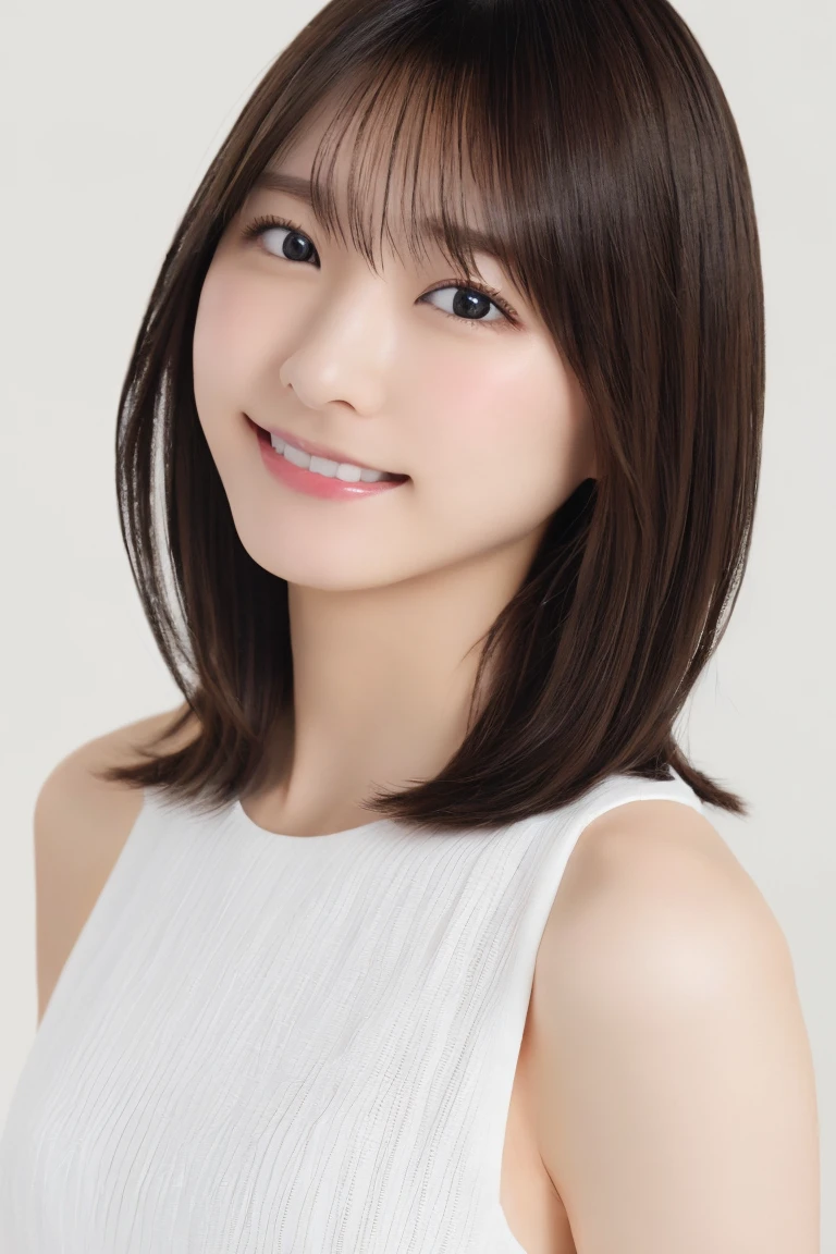 8K highest image quality)、(beautiful)、Accurate Eyes、Fine skin、22-year-old female、Brown eyes、Brown Hair、looking at the camera、naked、Semi-short hair、Smile、bangs、Full view of 、Close-up、