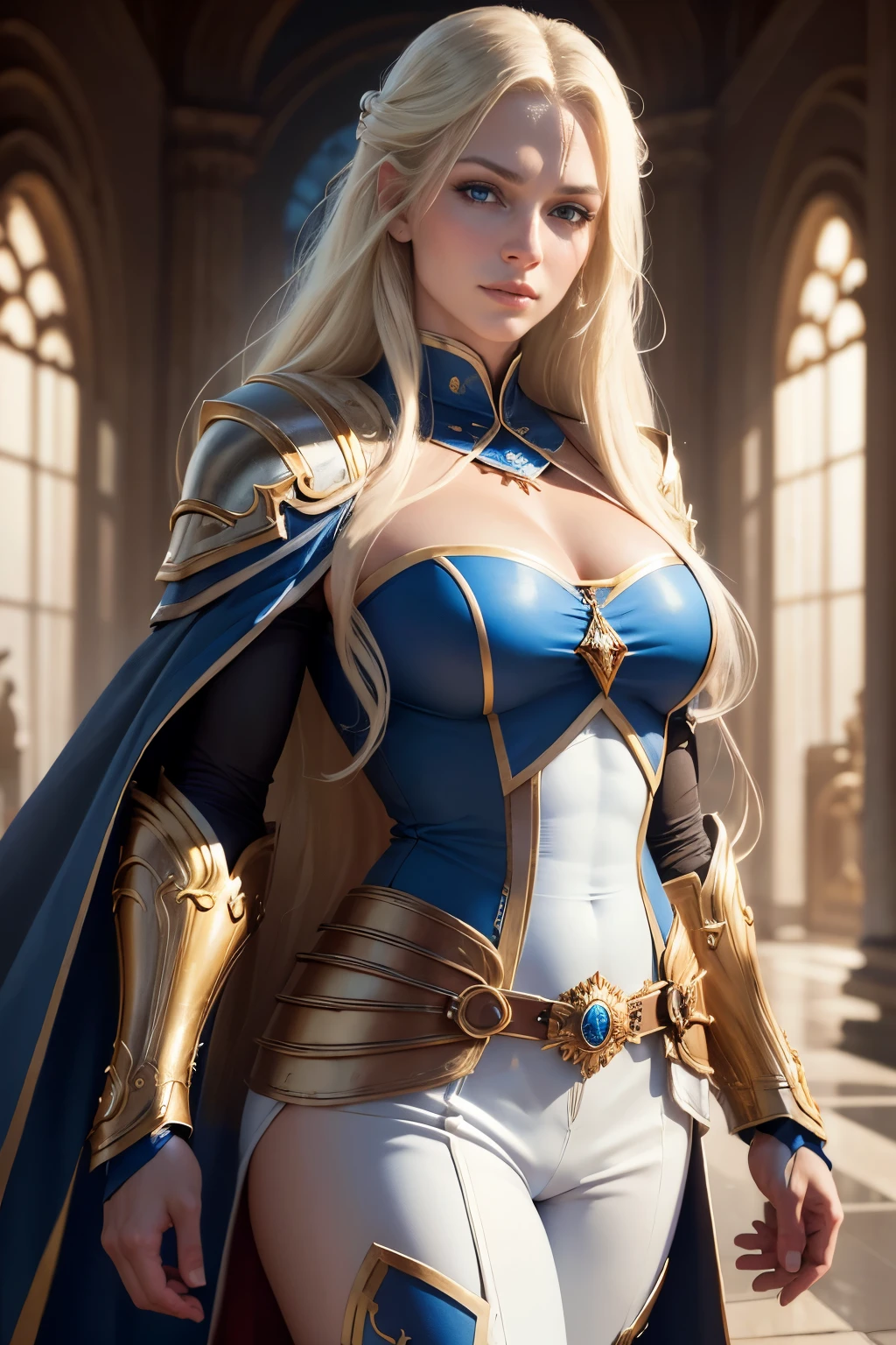 8K,Photorealistic RAW photograph maximum quality;1.4) (1 Santo Maduro) Super beauty fight(lifelike face) Blue and white sacred robe and blue and white pants Gold decorations and gauntlets long blonde hair and blue eyes Muscular mature woman with slim body a smirk Cleric Beautiful expression 超High resolution A hyper-realistic real looking skin