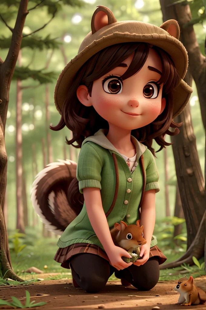 girl feeding a squirrel in the forest 