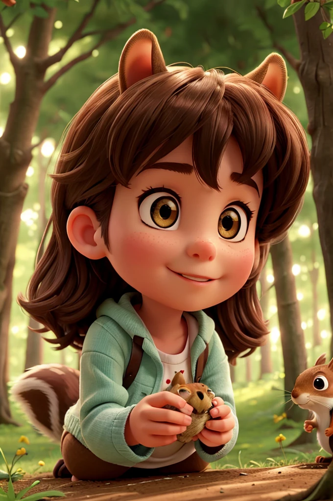 girl feeding a squirrel in the forest 