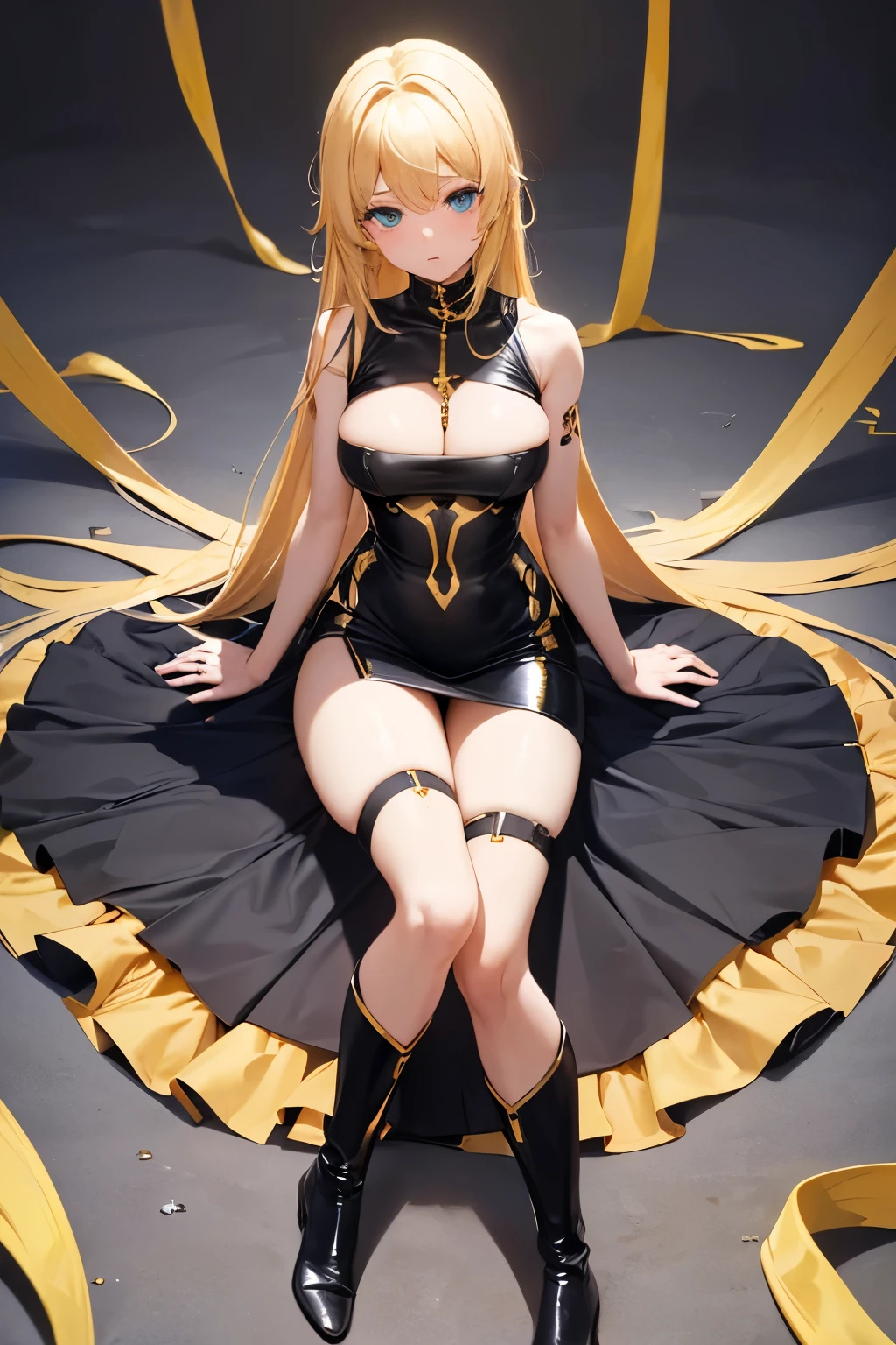 (Masterpiece, of the highest quality, highest resolution, distinct_image, Detailed details): (Alone, lonely girl, European face, Golden hair girl/yellow, shortcut, full body figure, large size breasts, bright turquoise eyes, It lasts: black latex dress, sleeveless and short dress, tight clothes, clothing that covers the entire body, beauty, Skinny body, exoskeleton, pose sexy, heroin, White knee high boots)