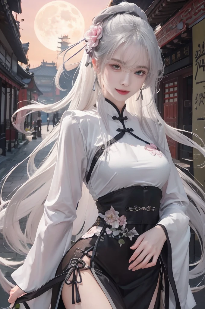 Masterpiece, Best Quality, Night, Full Moon, 1 Girl, Mature Woman, Chinese Style, Ancient China, Sister, Royal Sister, Cold expression, expressionless face, Silver white long haired woman, Blue eyes, Light pink lips, Beautiful teeth smile, Smiling, Open mouth,Calm, Intellectual, Three belts, Gray pupils, Assassin, Short knife, Flower ball background, Strolling in the street scenery