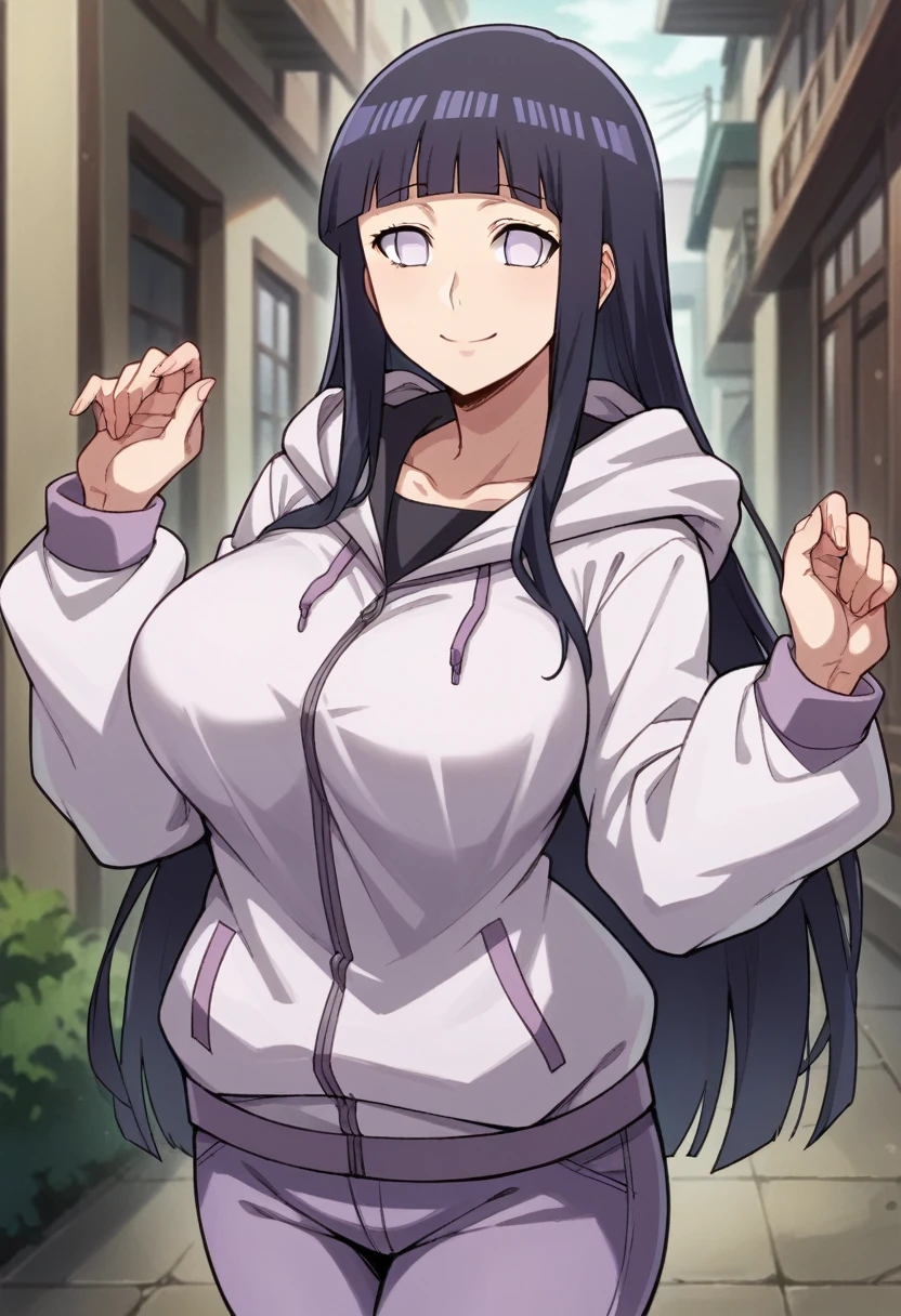 score_9, score_8_up, score_7_up, source_anime BREAK, (hinata, hyuuga hinata, purple eyes, blunt bangs, black hair, white eyes, no pupils, large breasts, purple and white hooded jacket, fishnets, blue pants, standing, smile, looking at viewer