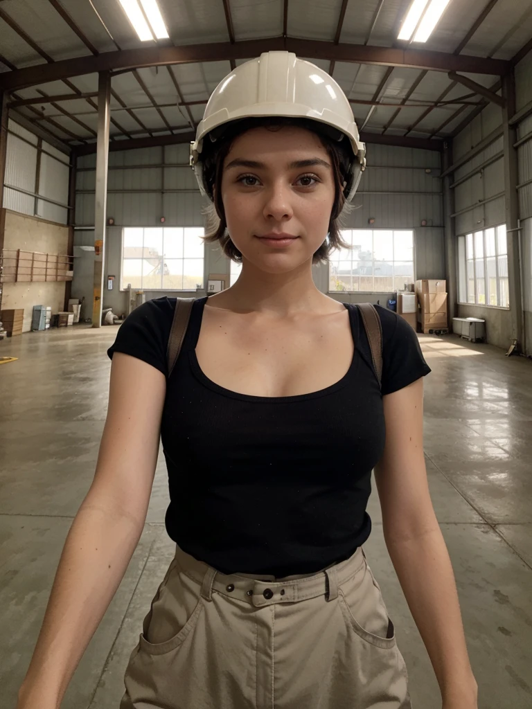 Selfie , bionde, travail dans une usine, 21 ans , very realistic background, you three realiste , photo prise de près, site helmet, site outfit , not sexy
