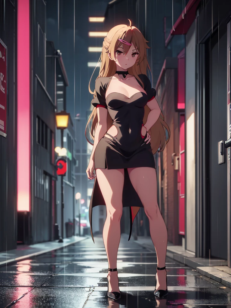 Girl, black short tight dress , Bare breasts, chest visible, street background, Narrow passage between houses, night, rain, slim body, In full growth, Stiletto Shoes , small breast