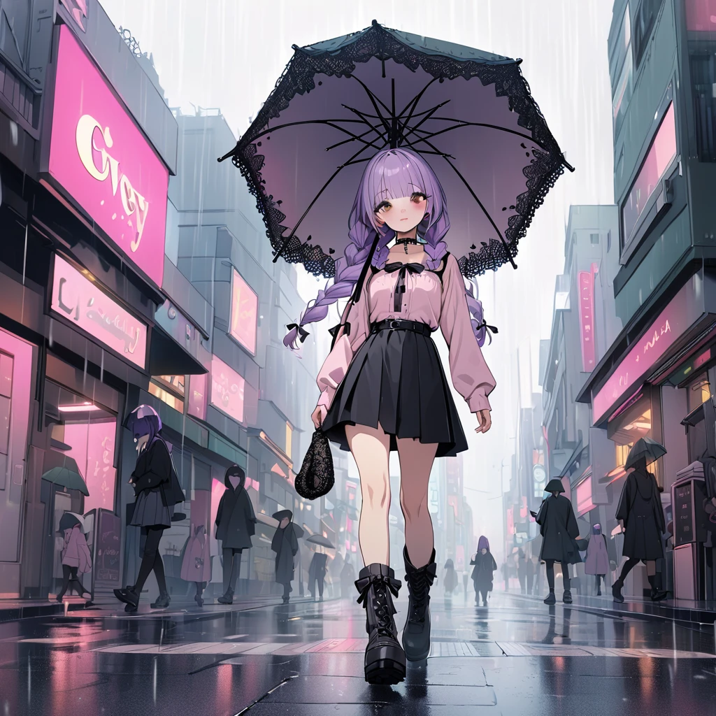 masterpiece, ultra detailed, 8K, solid blue Skyscrapers background, full body shot, Angle looking up from below.happy, a girl, kawaii, light atmosphere, mysterious atmosphere, (Cute a mesugaki girl:1.5), (a girl with closs hair pin,pale purple hair,wavy two braids,bluntbangs hair,green and black eyes,
pink shirt,cosplay, jirai kei, bangs, black skirt, black bow, looking at viewer, bow, long sleeves, choker, ribbon,pink lips,Thick-soled boots,fullbody shot :1.4),A mischievous smile, fangs, licking lips,
(masterpiece:1.3), anime visual, (Lovey-dovey:1.5), (tilt head:1.3), extremely delicate face, soft clean focus, realistic lighting and shading, (an extremely delicate and beautiful art:1.3), elegant, (muted colors:1.1), small breast,slim,(On a rainy day, walking through Shibuya with a black lace umbrella:1.5), expressionless,