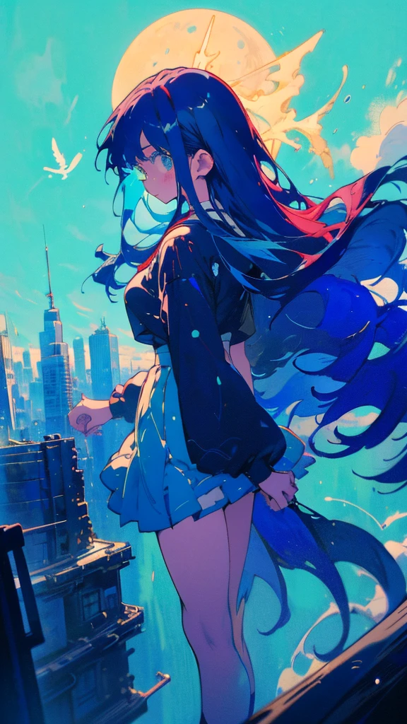 Blue-haired long hair,Design clothing,Seven-doppelganger shot,Anime style 4K,Anime girl with teal hair,High quality anime art style,Standing painting,Splash ink background,Blue Themes、Pure white background,Buildings,Face close-up,Buildings,Moon and sun、Long legs, whale flying in the sky,giant whale
