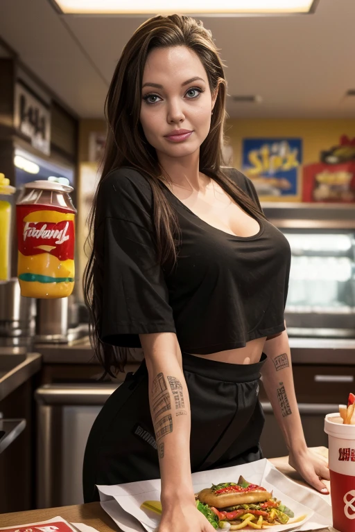 Angelina Jolie as a fast food worker, fast food restaurant, fast food counter, sexy fast food apron, sexy fast food uniform, midriff, cleavage, french fries, hamburger, cheeseburger, soda, milkshake, cashier, order taking, cooking, serving, smiling, friendly expression, dynamic pose, bright lighting, warm colors, photorealistic, (best quality,4k,8k,highres,masterpiece:1.2),ultra-detailed,(realistic,photorealistic,photo-realistic:1.37)