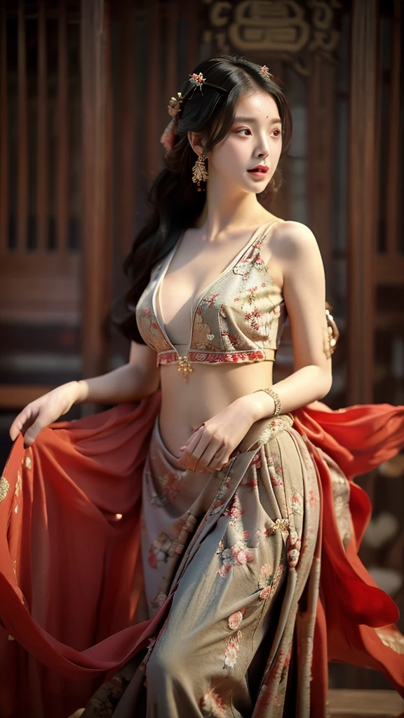 
 1girl,beautiful, elegant, serene, long black hair, large breasts,erect nipples,cleavage,flowing hair, brown eyes, traditional Chinese clothing, floral patterns, intricate design, standing,graceful pose, facing slightly to the side,soft lighting