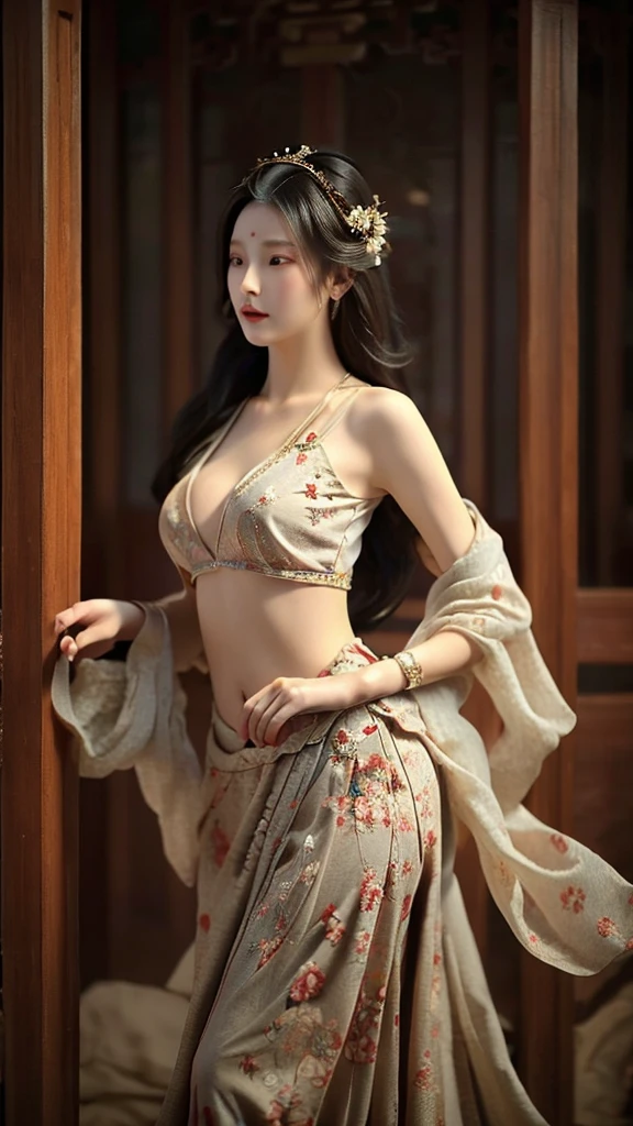 
 1girl,beautiful, elegant, serene, long black hair, large breasts,erect nipples,cleavage,flowing hair, brown eyes, traditional Chinese clothing, floral patterns, intricate design, standing,graceful pose, facing slightly to the side,soft lighting