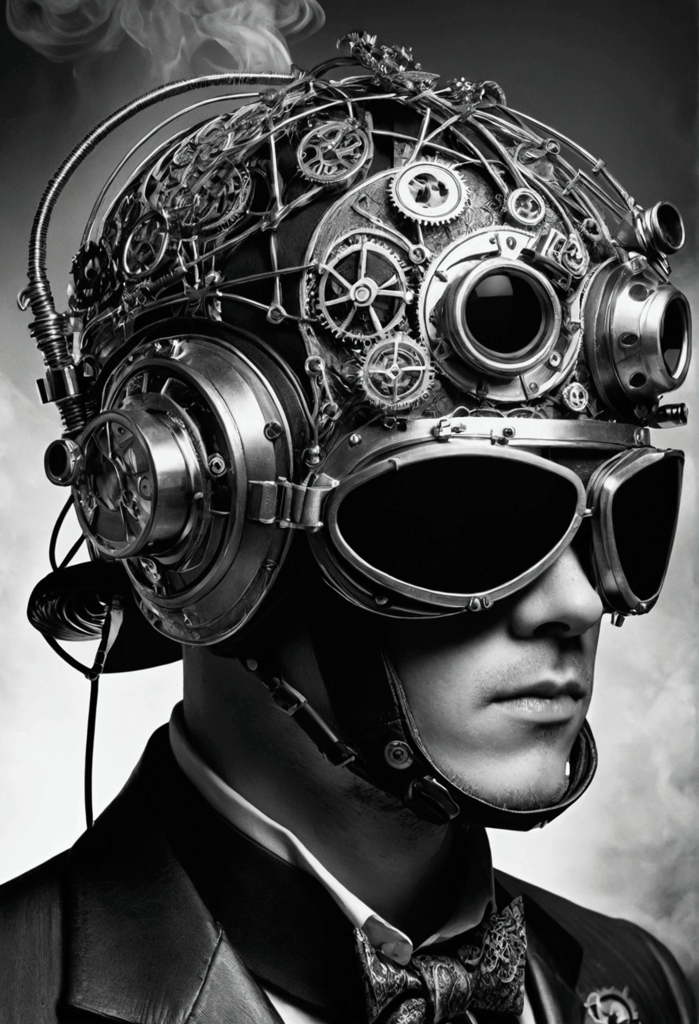 A person wearing a steampunk virtual reality helmet，Black and white photo album cover，Extremely complex wire guide and screen style，Smoke filled screen
