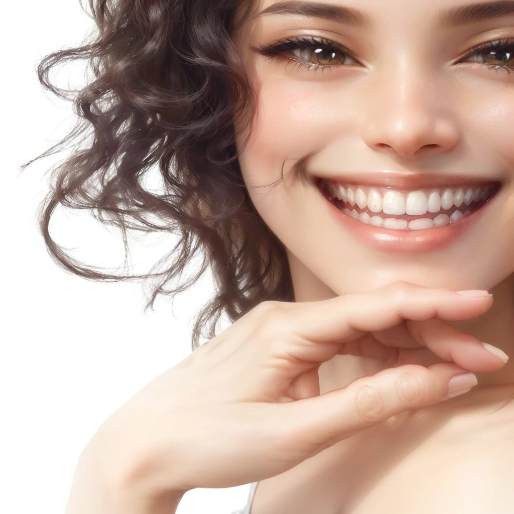 smiling woman with curly hair and a white shirt holding her hand on her chin, Charming smile, perfect smile, smiling woman, beautiful smile, Beautiful and smiling, Beautiful white teeth, Welcoming smile, A cute smile, Soft, moist lips, smiling brightly, Fashion model smiling face, ด้วยbeautiful smile, The girl smiled., Beautiful smile, ใบหน้าBeautiful smile, Face of a happy fashion model