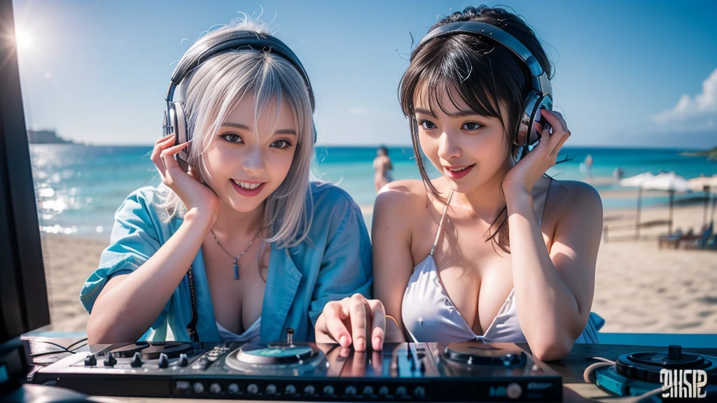 (ultra - detailed, 16K resolution, Cinema lenses, rendering by octane), (high resolution:1.18), intricate detail, (masterpiece:1.1), (highest quality:1.1), (1girl, portrait, white hair, blue eyes, short hair, detailed eyes),Wearing silver DJ headphones, sequined T-shirt, (in the beach:1.5), (Iconic hip-hop pop costumes:1.3), Smile while DJing on stage, DJ studio next to the beach, ((A stylish DJ stage on a hill overlooking the beach)), full body shot, Photorealistic photography by Sunshine, (cute round face:1.3), perfect fingers, five fingers, beautiful hands, perfect hands. master peace, cute smile.