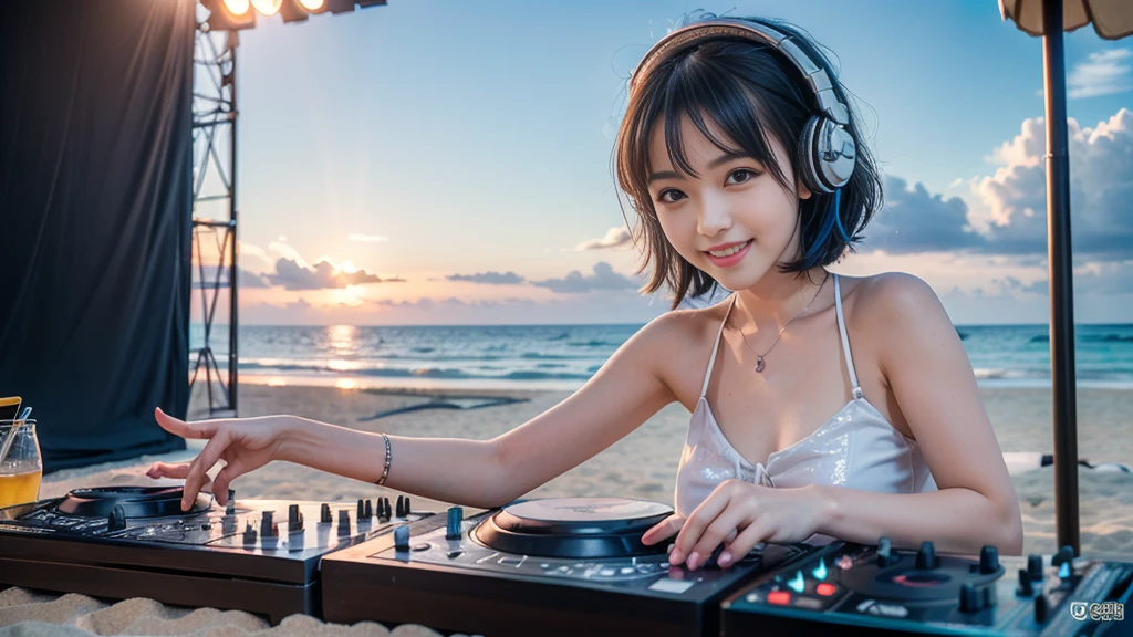 (ultra - detailed, 16K resolution, Cinema lenses, rendering by octane), (high resolution:1.18), intricate detail, (masterpiece:1.1), (highest quality:1.1), (1girl, portrait, white hair, blue eyes, short hair, detailed eyes),Wearing silver DJ headphones, sequined T-shirt, (in the beach:1.5), (Iconic hip-hop pop costumes:1.3), Smile while DJing on stage, DJ studio next to the beach, ((A stylish DJ stage on a hill overlooking the beach)), full body shot, Photorealistic photography by Sunshine, (cute round face:1.3), perfect fingers, five fingers, beautiful hands, perfect hands. master peace, cute smile.