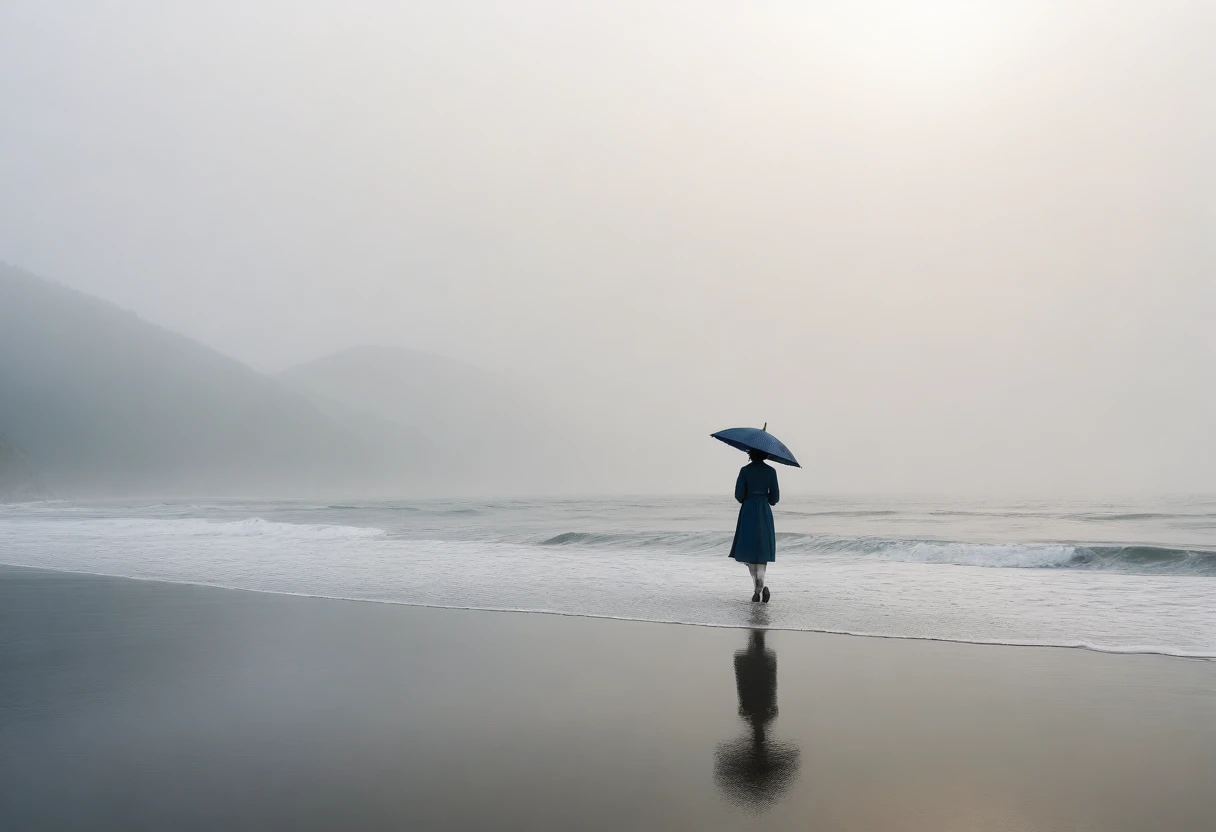 Good Long Beach, Short haired woman walking from afar, alone, A horizon without any mountains, Fog가 낀, afternoon, depressed, tide가 밀려온다, Fog, ocean, tide, umbrella , short korean woman