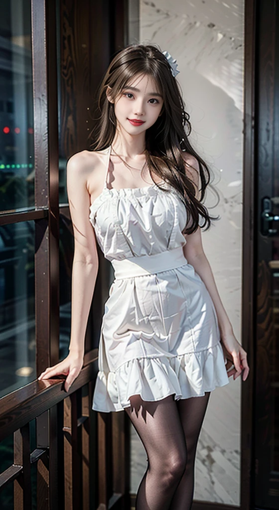 maid attire, black pantyhose, high heels, ((Bare shoulders)), ((Full breasts)), ((The skirt is short)), ((Sexy legs)), ((knee shot)), ((Standing, Elegant posture)), 1girl,独奏, 1girl, Cute Girl, Beauty, Practical, Fashion Girl, Red lips, Mature women, Exquisite makeup, big eyes, beautiful, (best quality, masterpiece:1.2), Extremely detailed, (Practical:1.37), ((Random Scenes, Random shooting angle)), ((Sexy long legs)), Young and energetic, Charming model, (Exquisite eyes, Delicate lips), Show a bright smile, Create stunning girl images, warm color, Extremely saturated colors, Official Art, Extremely detailed的 CG, Unity 8K wallpaper, (High Dynamic Range :1.4), (Movie atmosphere),(Soft colors), (Natural skin texture, ultra-Practical, Soft Light, sharp),(Very detailed), night, moonlight