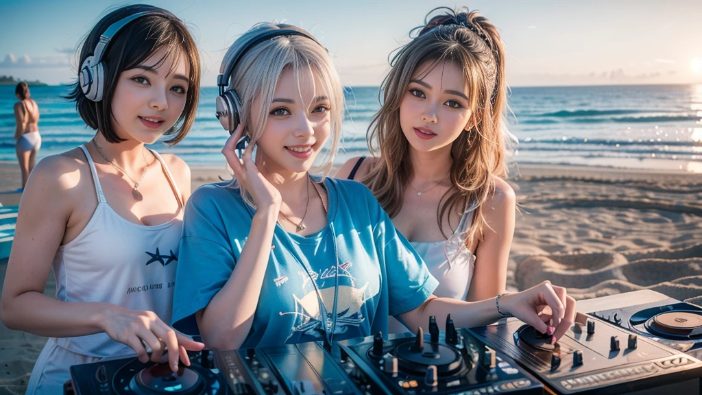 (ultra - detailed, 16K resolution, Cinema lenses, rendering by octane), (high resolution:1.18), intricate detail, (masterpiece:1.1), (highest quality:1.1), (1girl, portrait, white hair, blue eyes, short hair, detailed eyes),Wearing silver DJ headphones, sequined T-shirt, (in the beach:1.5), (Iconic hip-hop pop costumes:1.3), Smile while DJing on stage, DJ studio next to the beach, ((A stylish DJ stage on a hill overlooking the beach)), full body shot, Photorealistic photography by Sunshine, (cute round face:1.3), perfect fingers, five fingers, beautiful hands, perfect hands. master peace, cute smile.