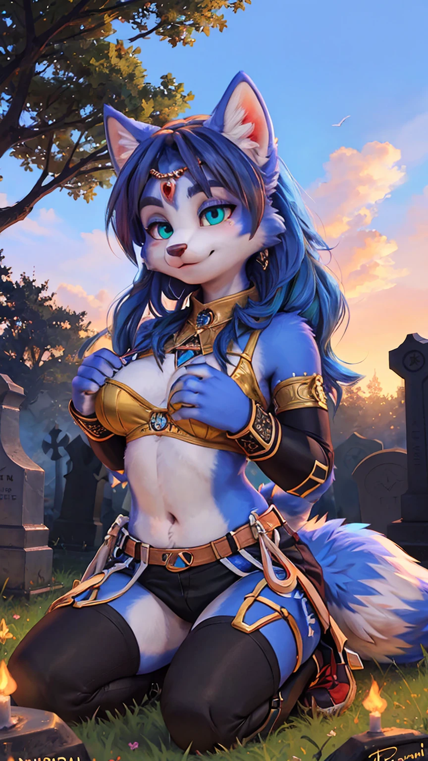 A beautiful and detailed (sweet portrait) wa ((Krystal)), Star Fox Krystal, sslim, lovable, green eyes, medium breasts, (((Long blue hair 1.3))), Decollete, anthro, furry, Uploaded E621, detailed fluffy fur, (wa Fluff-Kevlar, Bayard Wu, Personalami, Pino Daeni), detailed face, (fluffy), 1 girl, alone, sweet girl, Vampir-Dame, Sucubo Girl, High Resolution, wichgirl, driven body, Magic girl, Cemetery landscape, Skeleton hands come out of the ground and grab, Vampire