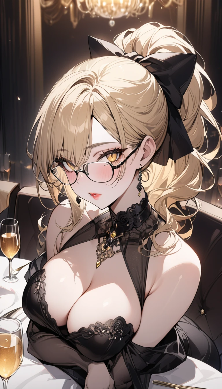Highest quality masterpiece High resolution Long blonde hair ponytail Character Portrait Yellow Eyes Glasses Pale pink lips E Cup Fluffy body Black formal dress dinner