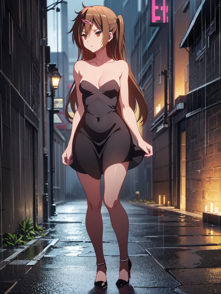 Girl, Blouse on the naked body , You can see her breasts, Bare breasts, chest visible, Skyscraper balcony background, night, rain, slim body, In full growth, Stiletto Shoes, Bare breasts, She threw open her hands, small breast, Crushes her breasts with her hands