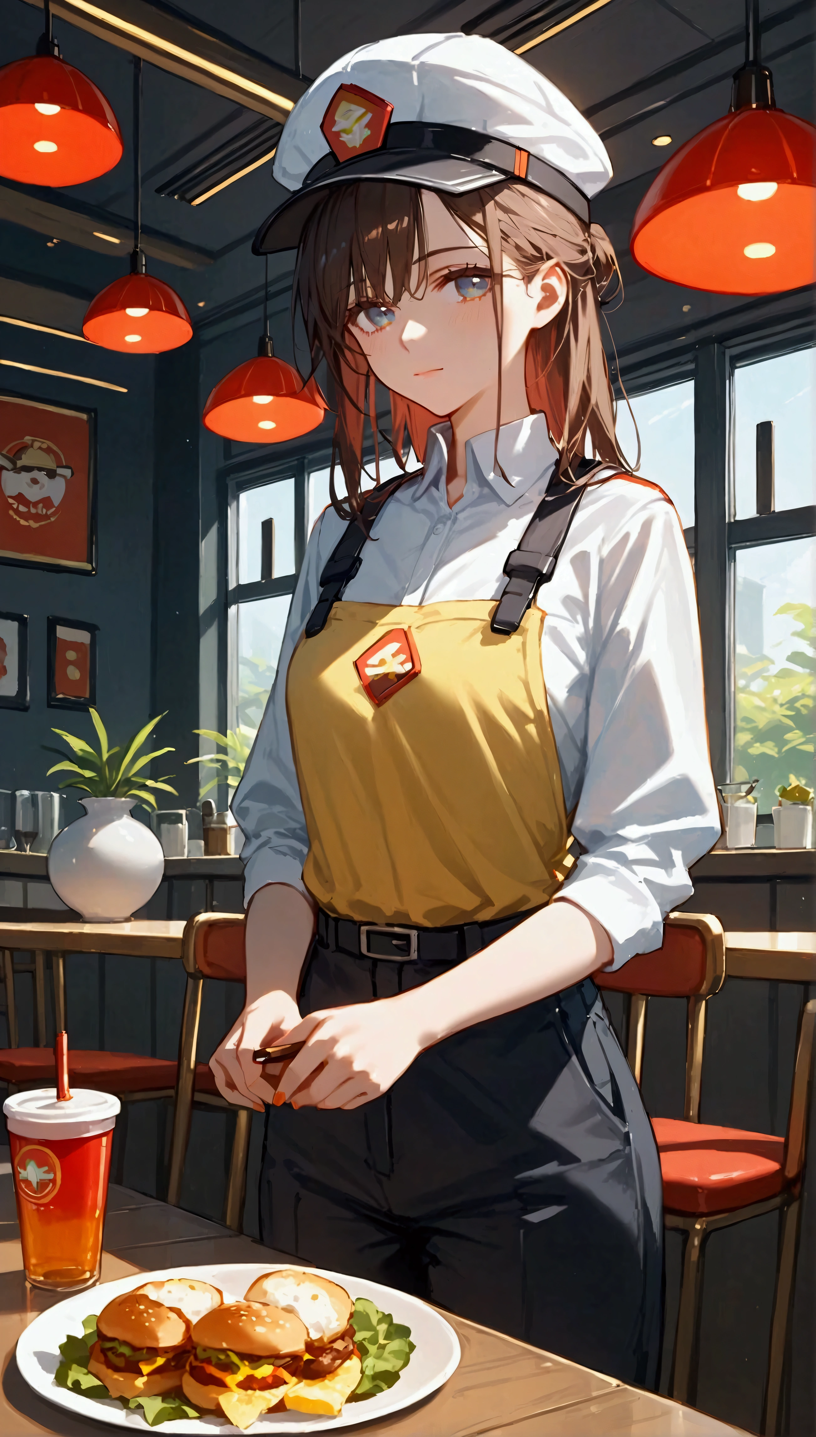  score_9, score_8_up, score_7_up, score_6_up, masterpiece, top quality, best quality, official art, beautiful and aesthetic, anime_source, centered, cinematic scene, makoto shinkai inspired, oil painting, gouache brush, 1girl, fast-food worker, fast food worker uniform, fast food restaurant interior, cyberpunk theme, epic composition, epic proportion, 8K, Expressiveh 