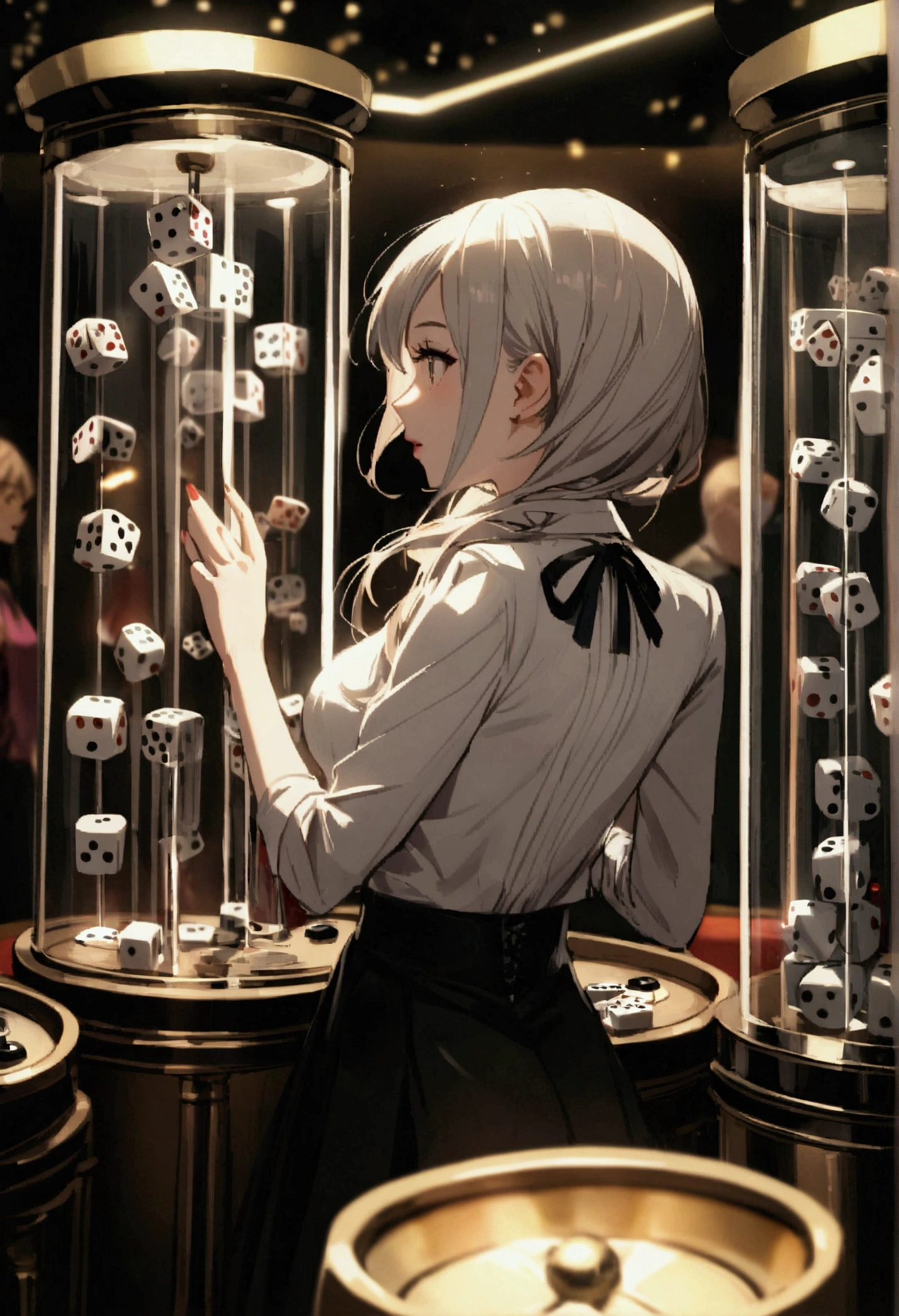 girl at a dice machine in casino, 3 large white dices in a glass cylinder. colorful casino atmosphere