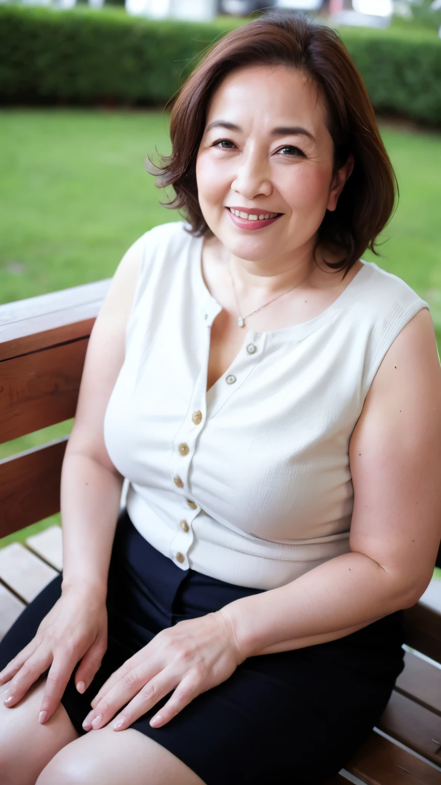 最high quality, In 8K, Masseter region, Genuine, Sharp focus, high quality, High resolution, Detailed face, fine grain, Thick lips, Background Blur, alone, Middle-aged women, , 65 years old, , Wavy Hair, Cleavage, Wearing a plain short-sleeved knit, sitting on a park bench, Wrinkles around the eyes, Smiling with teeth showing