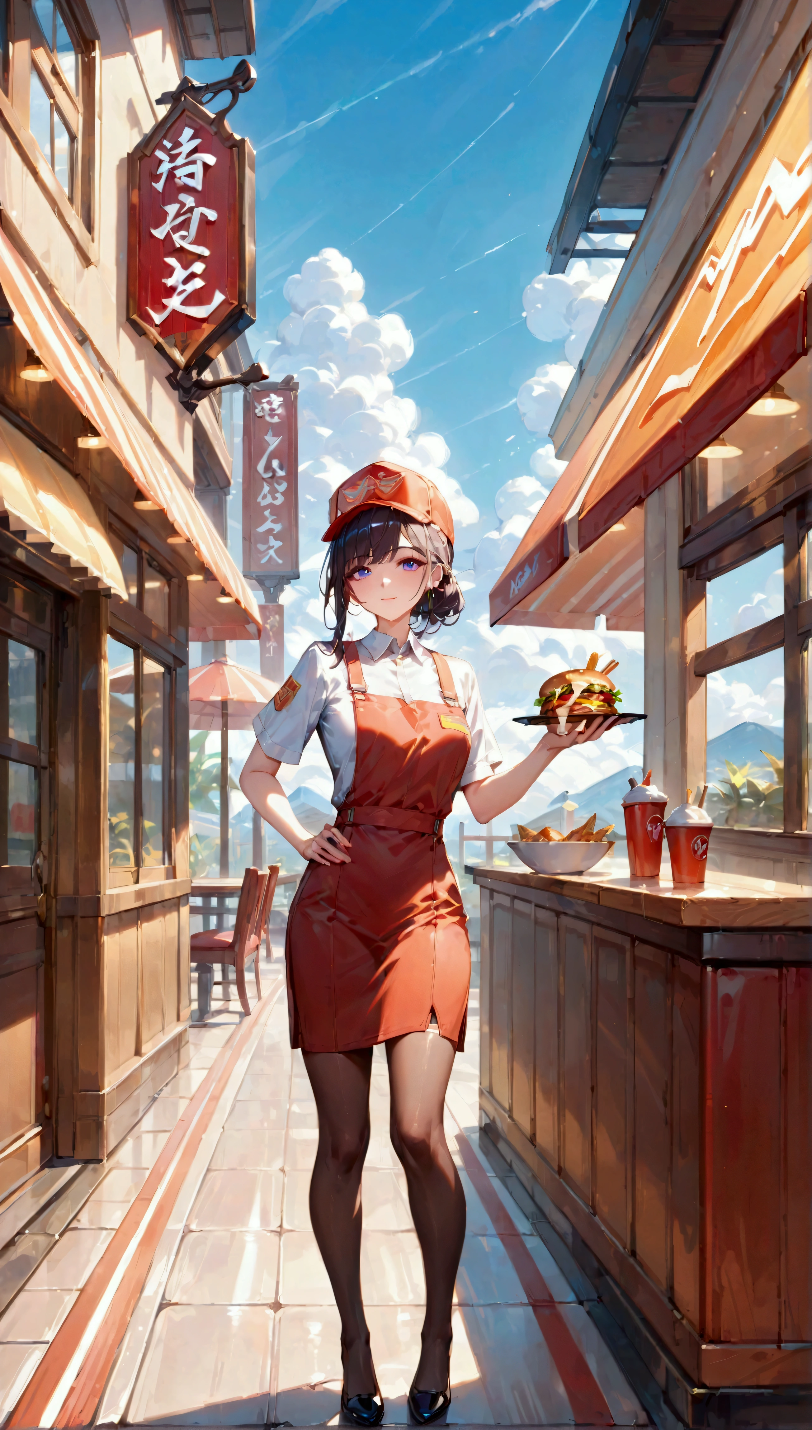  score_9, score_8_up, score_7_up, score_6_up, masterpiece, top quality, best quality, official art, beautiful and aesthetic, anime_source, centered, cinematic scene, makoto shinkai inspired, oil painting, gouache brush, 1girl, fast-food worker, fast food worker uniform, fast food restaurant interior, cyberpunk theme, epic composition, epic proportion, 8K, Expressiveh 