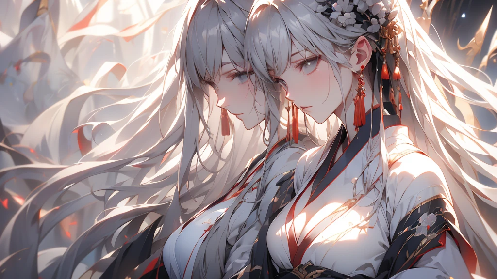 super high quality, masterpiece, Perfect illustration, Very detailed (Exquisite light and shadow, Very dramatic photo,Backlight) , ((Gray Hair:1.5))1 Girl,(( alone:1.6)), (Wearing Han clothes, Black and white Hanfu,Monotony,Long sleeve) (White smoke:1.3) (Realistic:1.4), Official Art, unity 8k wallpaper, Very detailed, Beautiful and beautiful, masterpiece, Highest quality, (Dynamic Angle: 1.4), Glowing Skin, (Floating colorful flashes: 1) The most beautiful chaotic shapes, elegant, Brutalist Design, Bright colors, Romantic Depth of Field Exotic_dance, half_naked、Expose your shoulders、Ample breasts、Great cleavage、Lean forward