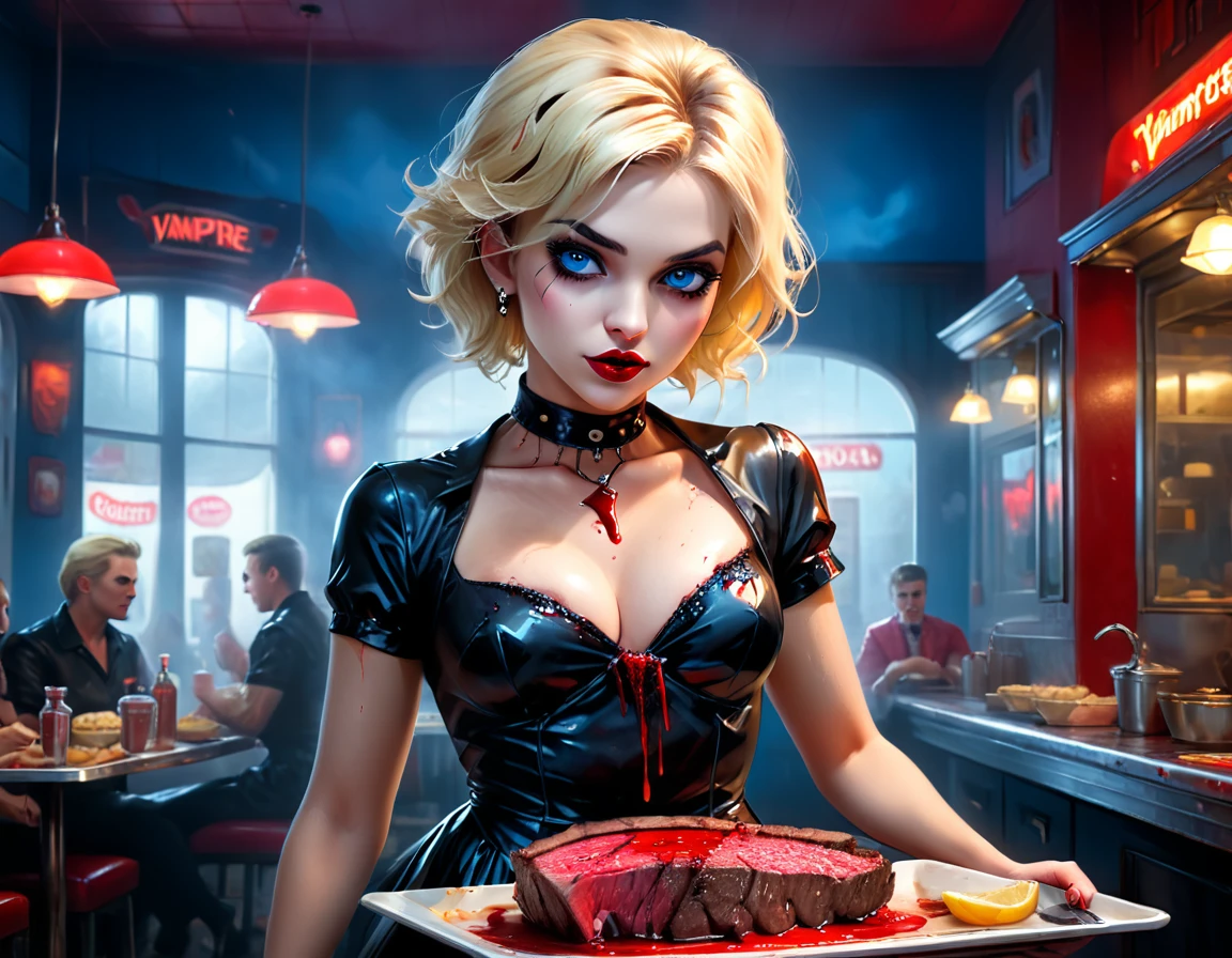 a 3D digital painting picture of extremely (beautiful female vanpire:1.3) ((serving a big juicy raw steak: 1.3)) on a tray, dripping blood in a goth American diner, an exquisite beautiful female (vampire:1.3), (full body: 1.1) ultra feminine ultra detailed face, blond hair, short hair, red lips, blue eyes, wearing sexy white seductive latex dress, serving a goth diner American kitchen background, full body dynamic angle, , award winning, best quality, high quality, high details, highres, vibrant, Ultra-high resolution, High Contrast, (masterpiece:1.5), highest quality, Best aesthetics, best details, best quality, highres, ultra wide angle, 16k, [ultra detailed], masterpiece, best quality, photorealistic, 3D rendering, furry