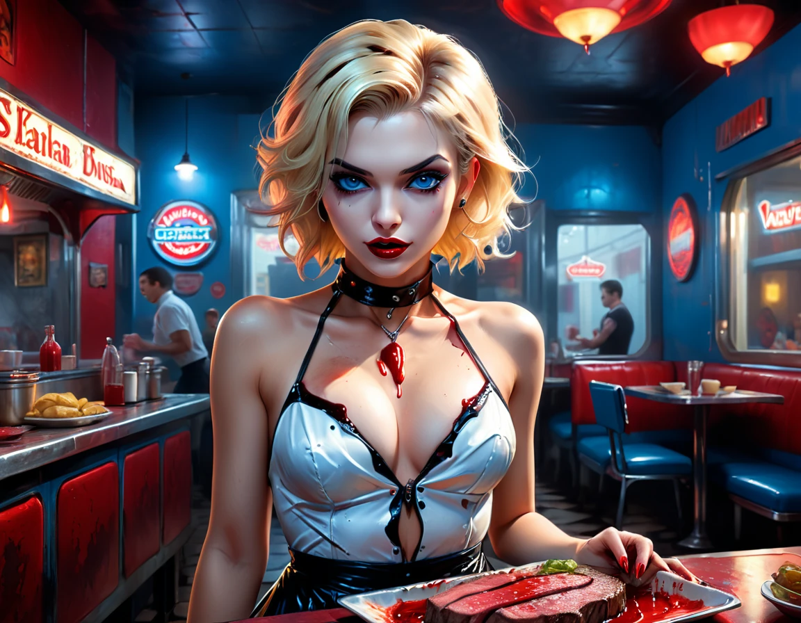 a 3D digital painting picture of extremely (beautiful female vanpire:1.3) ((serving a big juicy raw steak: 1.3)) on a tray, dripping blood in a goth American diner, an exquisite beautiful female (vampire:1.3), (full body: 1.1) ultra feminine ultra detailed face, blond hair, short hair, red lips, blue eyes, wearing sexy white seductive latex dress, serving a goth diner American kitchen background, full body dynamic angle, , award winning, best quality, high quality, high details, highres, vibrant, Ultra-high resolution, High Contrast, (masterpiece:1.5), highest quality, Best aesthetics, best details, best quality, highres, ultra wide angle, 16k, [ultra detailed], masterpiece, best quality, photorealistic, 3D rendering, furry