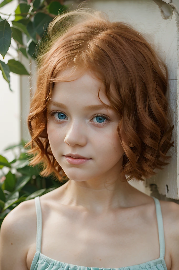 A -year red-red girl, with short curly hair and green eyes with a four-year-olbinol withite hair and blue eyes