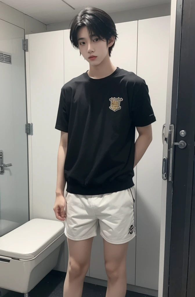 One boy、Beautiful Boy、18-year-old、Japanese Boy、Beautiful Boy、Black Hair、locker room、sit、Upper body naked、Shorts、Change of clothes