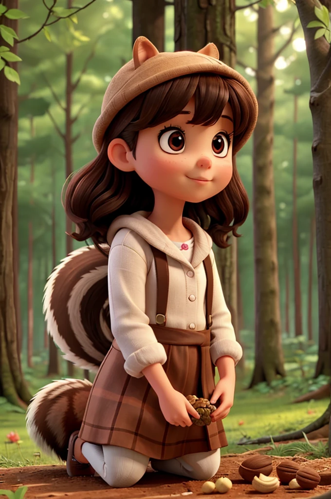 girl feeding squirrel in the forest with nuts