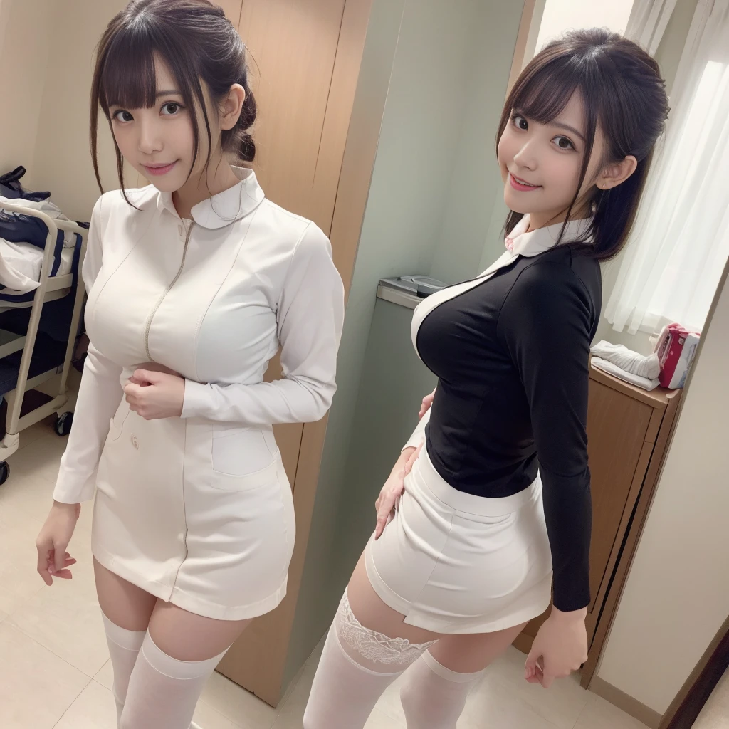 (Nurse Costume、White micro mini skirt、Ass、Black Hair、Big Ass、Inside the hospital、Knee-high socks、Her underwear is visible、Panty lines)、Extremely sexy、Glamorous Body、smile、Professional Lighting、Beautiful adult woman、Captivating thighs、Very large breasts、Are standing