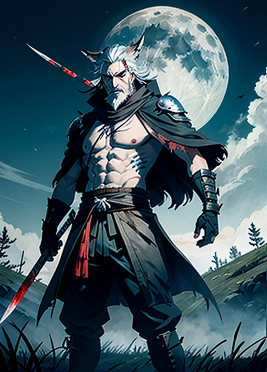 RageALot, the Fallen Beast is a legendary wolf warrior and the founder of the Wolf Clan. He is an old man with white hair and beard, left eye scared from battles, wearing a blue torn leather with blood spots and a white dark cloak. He carries a katana and a spear.
He awaits Sekiro in the great grass field where he first fought Genichiro Ashina, his grandson. The field is covered with blood and corpses of soldiers who died in the battle. The sky is dark with full moon, and lightning flashes occasionally. Isshin emerges from Genichiro’s body after he sacrifices himself to revive him using the Black Mortal Blade. He respects Sekiro as a worthy opponent and challenges him to a final duel for the fate of Ashina.
moon, dark theme, light, fantasy,
