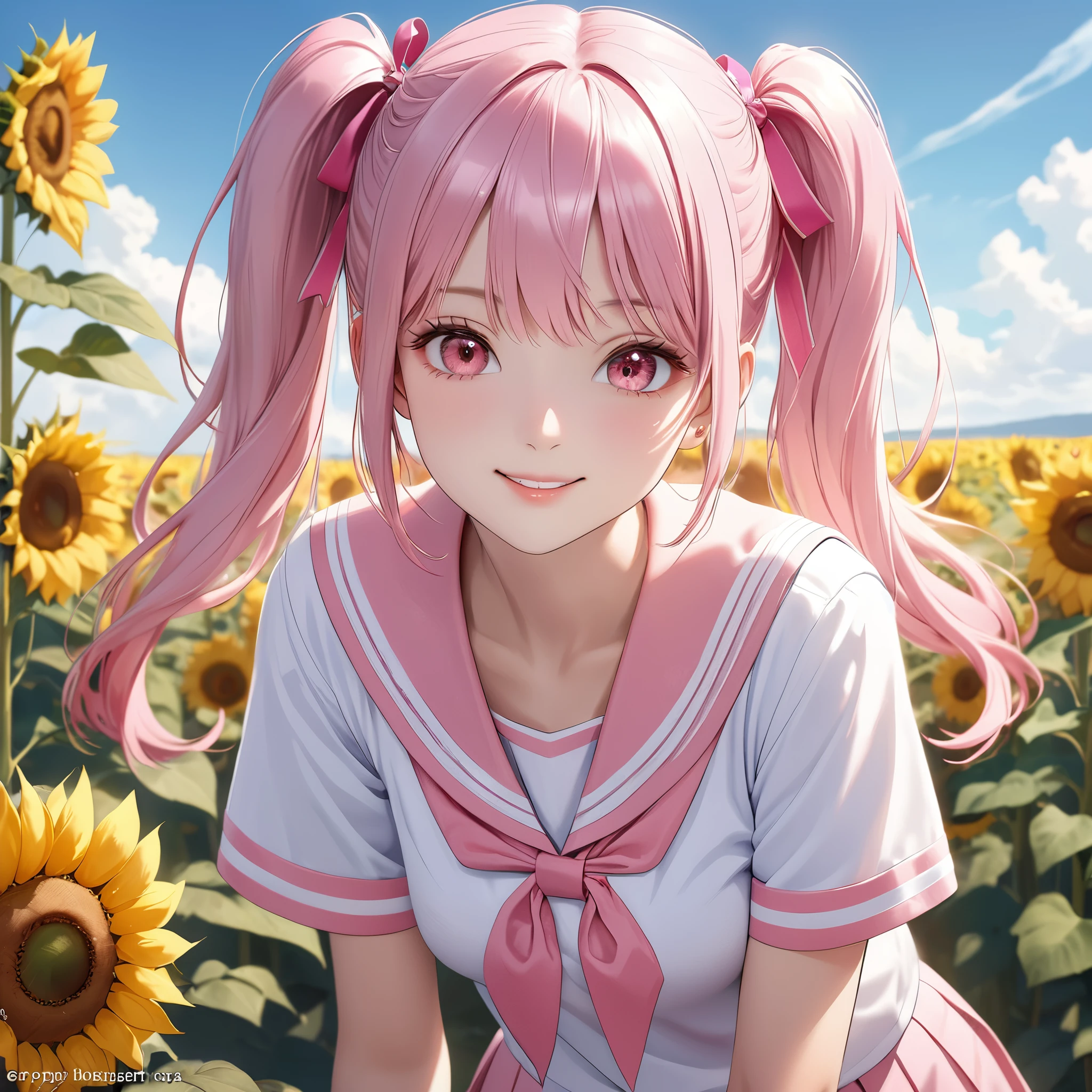 (8K, masutepiece, Best Quality, Official art, beautiful detailed, beautiful lighting, best masterpiece in history that exceeds limits), (1 Girl, Solo), (sixteen years old), (beautiful detailed face), (shiny white skin), (Beautiful big bust:1.3), (thighs, navel), (beautiful detailed pink twin tails hair, Bangs:1.3), (beautiful detailed drooping pink eyes:1.5), (high school uniform:1.3), (patsel pink sailor collar, white short sleeves short length outing shirt, pastel pink pleated skirt, patsel pink ribbon:1.3), (happy smile:1.2), (Attractive, Look at the camera, cute pose), breathtaking scenery, (ultra detailed realistic Beautiful field of sunflowers, blue sky, summer, soft breeze:1.2),