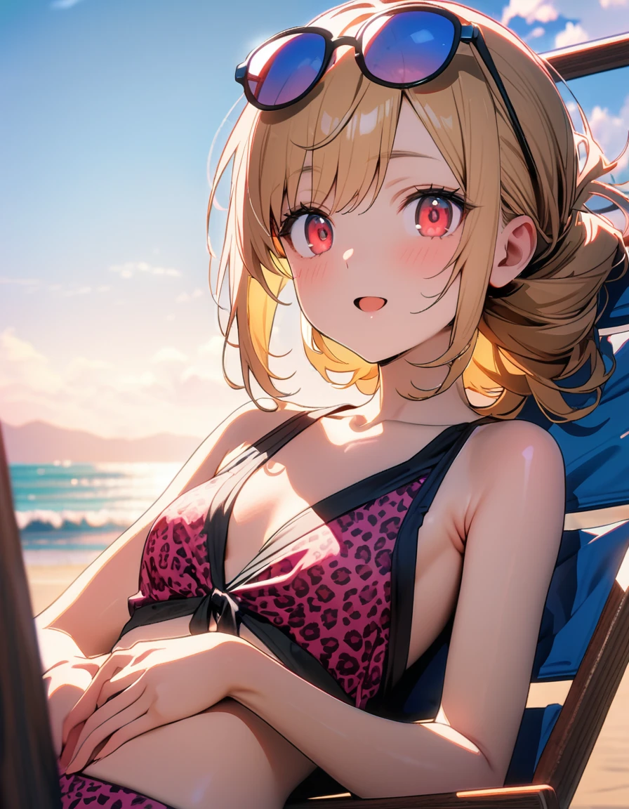 (8K, best quality, master piece: 1.2),super high resolution,1 girl,16yo,solo,ultra-detailed face,deep detailed eyes,Mascara,Carelessly tied up hair,gold hair,wearing leopard pattern plunging(pink:1.4),smile,:o,red eyes,sunglasses on head,rim light,lying deck chair,汗,Dカップです,beach parasol,sea side