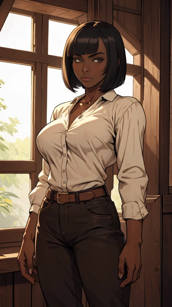 ((highest quality)), (tmasterpiece,A high resolution,best qualtiy:1.2),8K, (detailed), Perfect Face,solo,bob hair ,blunt bangs,dark skin,breasts, casual clothes, cowboy shot, indoors,No expression