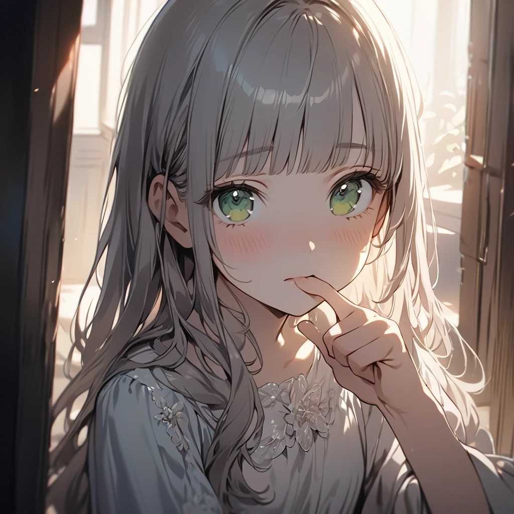  (Cute a girl:1.5), 
(masterpiece:1.3), anime visual,pale puple long hair,blunt bangs hair,green eyes, (tilt head:1.3), extremely delicate face, soft clean focus, realistic lighting and shading, (an extremely delicate and beautiful art:1.3), elegant, (muted colors:1.1), small breast,morning lit,from front,look at viewer,Place the index fingers of both hands on her cheeks and make a gesture of lifting the corners of her mouth.