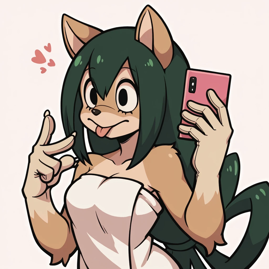 source_furry, anthro, score_9, score_8_up, furry, fur,Tsuyu Asui, Werewolf, wolf ears, brown fur, wrapped in towel, holding phone, smile, tongue out, female, cute, green hair
