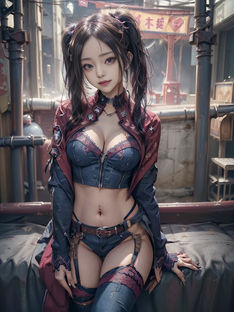 (Full Body View:1.2)、(Smiling with teeth showing:1.3),(Shibuya Gal:1.5)、(Beautiful:1.4)、(Neo-Goth Fashion:1.5)、(Punk RockVisual Kei:1.3)、(Futuristic red, magenta, denim and navy blue bodysuit:1.5)、(Delicate red and magenta cardigan:1.5)、(Gorgeous decorated corset:1.4)、(Navy garter belt:1.5)、(Red and magenta cargo pants:1.3)、(Heart-shaped silver accessories:1.5)、(Brown Skin Belt:1.4)、(Red high heels:1.4)、(Lace underwear:1.4)、20-year-old、Browsing Caution,((Highest quality、In 8K、masterpiece:1.3))、Sharp focus:1.2、(Layered Cut、Huge breasts:1.1),Beautiful woman with perfect figure:1.4、(Dance vigorously:1.3)、Slim Abs:1.2、Butt、Highly detailed face and skin texture、Fine grain、double eyelid,(Twin tails:1.3)、(Brown blonde:1.3)、Obscene、Idol Sculpture、(In the background is a gorgeous medieval metropolis on a sunny day:1.3)、(Slimming your legs:1.4)、(The body is slim:1.3)、(clavicle:1.1)