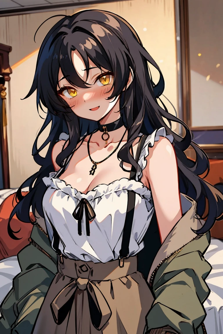 (masterpiece:1.2), (high quality:1.2), hui xiyi, rekkyo sensen, rekkyou sensen, solo focus, girls with((black hair, bare shoulders, (long wavy hair, one side up:1.4), breasts,choker, cleavage,coat,collar,collarbone,cowboy shot, dress, frills, fur, fur collar, fur trim, hood down, hooded jacket, hoodie, jacket, large breasts, long hair, long sleeves, belt, suspenders, medium breasts, medium hair, necklace, open clothes, open hoodie, sleeveless, solo, winter clothes, zipper, upper body, hand up, waving, palm)), background with ((bedroom, room:2.0))
