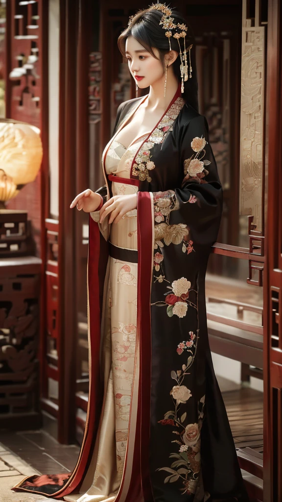 
 1girl,beautiful, elegant, serene, long black hair, large breasts,erect nipples,cleavage,flowing hair, brown eyes, traditional Chinese clothing, floral patterns, intricate design, standing,graceful pose, facing slightly to the side,soft lighting