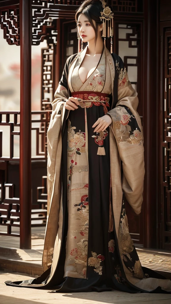 
 1girl,beautiful, elegant, serene, long black hair, large breasts,erect nipples,cleavage,flowing hair, brown eyes, traditional Chinese clothing, floral patterns, intricate design, standing,graceful pose, facing slightly to the side,soft lighting