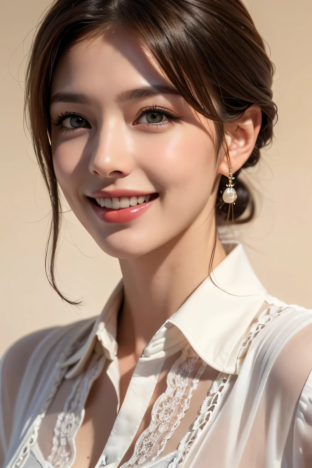 ((masterpiece)), ((Highest quality)), ((Complex)), ((Surreal)), (Realistic), (Mature Woman), ((There are no classes)), Very detailed, (1 female), Beautiful and exquisite, (Beautiful Teeth), Grin, Brunette Bob Hair, Brown eyes, ((blouse)), (Upper Body), (background:none), Perfect Eyes, Captivating eyes, Looking at the audience