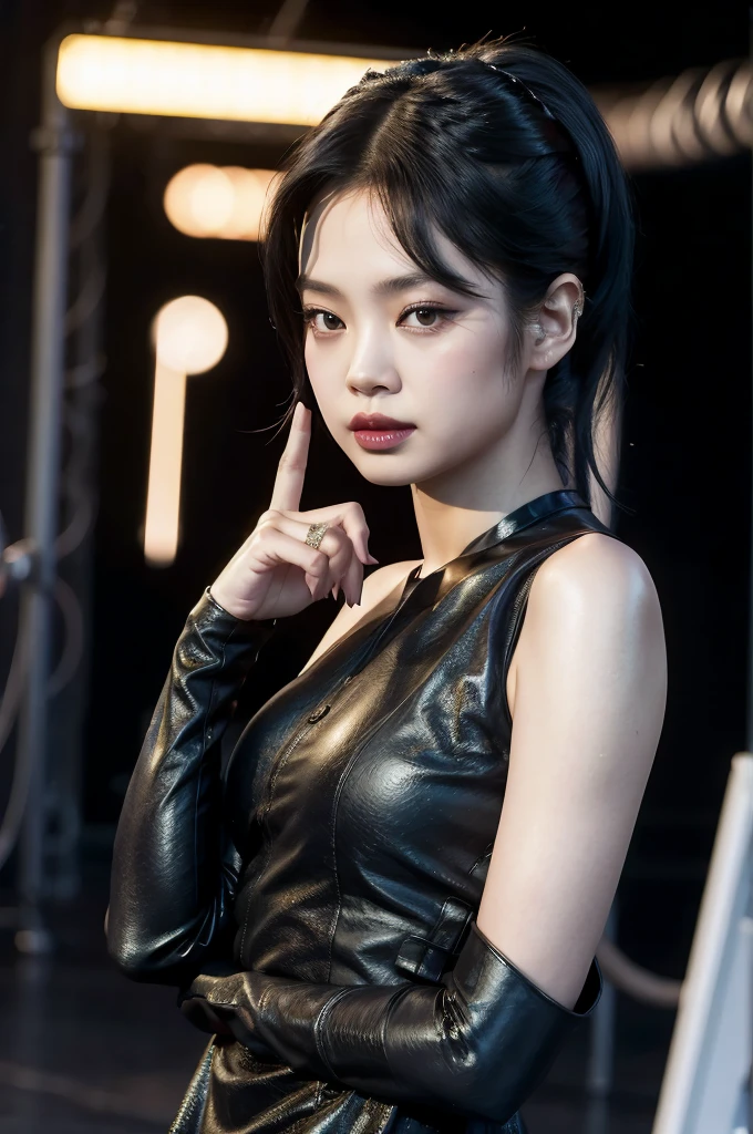 Jennie, blackpink, Short shoulder-length black hair, dressed as catwoman, realistic loose hair, black cat ears and marked arms
