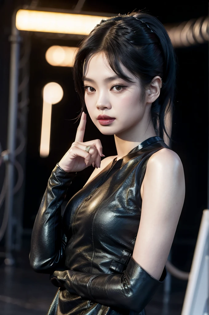 Jennie, blackpink, Short shoulder-length black hair, dressed as catwoman, realistic loose hair, black cat ears and marked arms