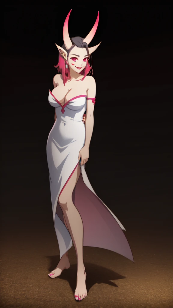 herzhax, oni horns, pink sclera, slit pupils, anime, solo girl,(( ballroom)), standing, long)) white mermaid-shaped wedding dress, barefoot, smiling